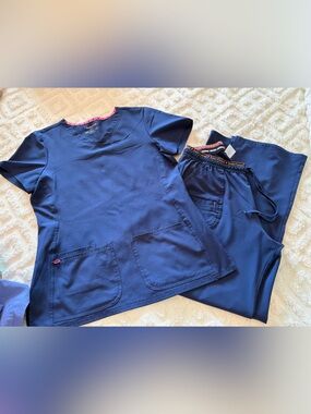 HeartSoul Navy Blue Top & scrub pants with Pink Heart Trim